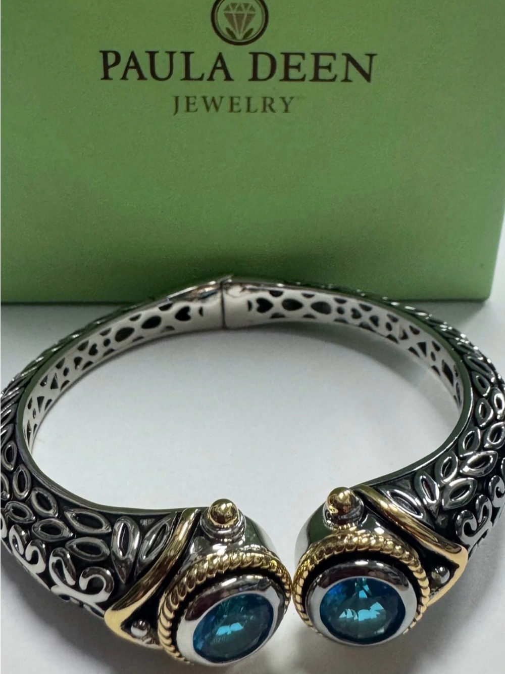 New Paula Deen Silver-Tone Cuff Bracelet with Blue Stones and Gold toned Accents